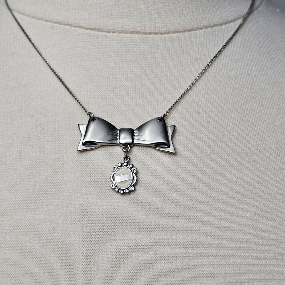 Aerie Dainty Bow Pendant Necklace Silver Tone Enamel Painted Charm Adjustable